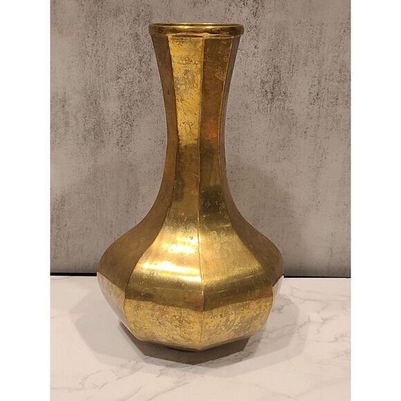 Solid Brass Vintage 8.25"x 4.5" Octagon Shape Bud Vase Boho Style Patina EUC - Picture 10 of 10